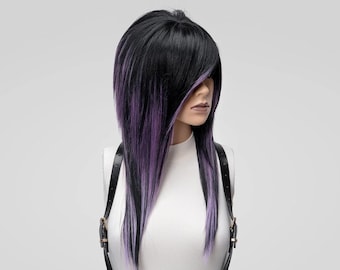 Emo Scene Wig Purple Black - Shag Layered Wig with Side Part Bangs, Cosplay Hair for Alternative Goth Visual Kei Fashion.