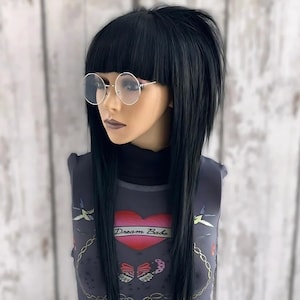 Peluca estilo EMO, peluca negra azabache de moda, peluca china con flequillo recto, peluca shag en capas, peluca de quimioterapia para alopecia, peluca japonesa kawaii