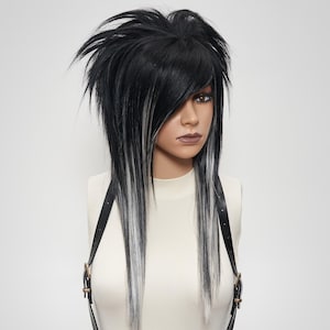 Black White Spiky Wig with Side Bangs – Emo Scene Wig for Halloween, Gothic, Punk, and Cosplay Hairstyle