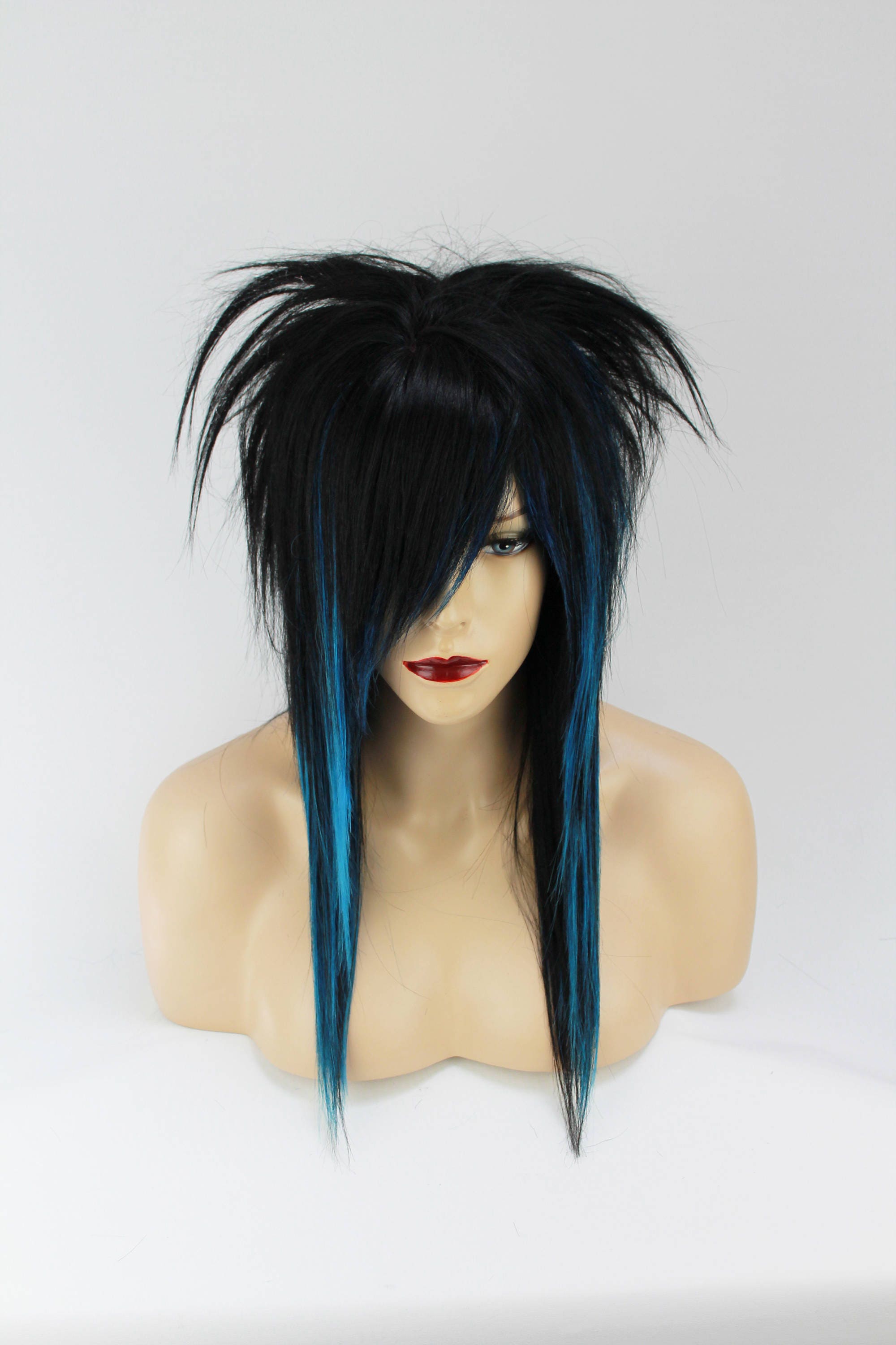 Black And Blue Human Hair Emo Long Wig Uni Sex One Size Etsy