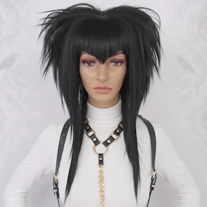 Black Scene Wig with V-Bangs – Layered Cut and Styled Synthetic Wig for Y2k Emo Cosplay Fashion