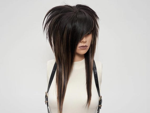 Emo Scene Wig with Bangs in Brown, Hairstylist Cut Wig Straight Medium Length, Handmade Gift Wig For Her, Mens Wig for Hairloss.