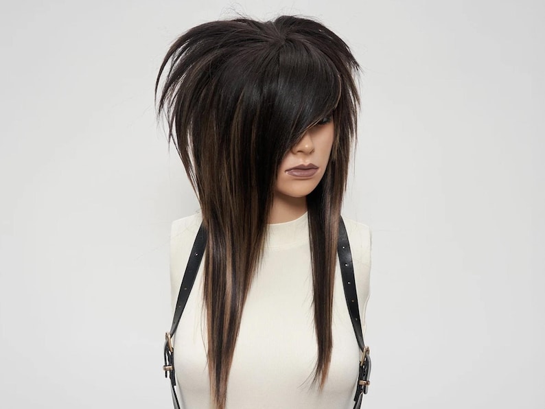 Dark and light brown wolf cut wig with layered shaggy style, long emo bangs covering one eye, heat-resistant synthetic hair, alternative fashion, unisex cosplay wig, punk rock hairstyle.