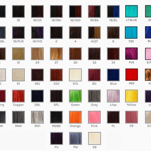 A detailed color selection chart displaying various synthetic hair colors for dreadlocks, including natural shades, ombre blends, and vibrant tones. Perfect for customization, mix-and-match options available. Handmade synthetic dreadlocks crafted for a natural appearance.