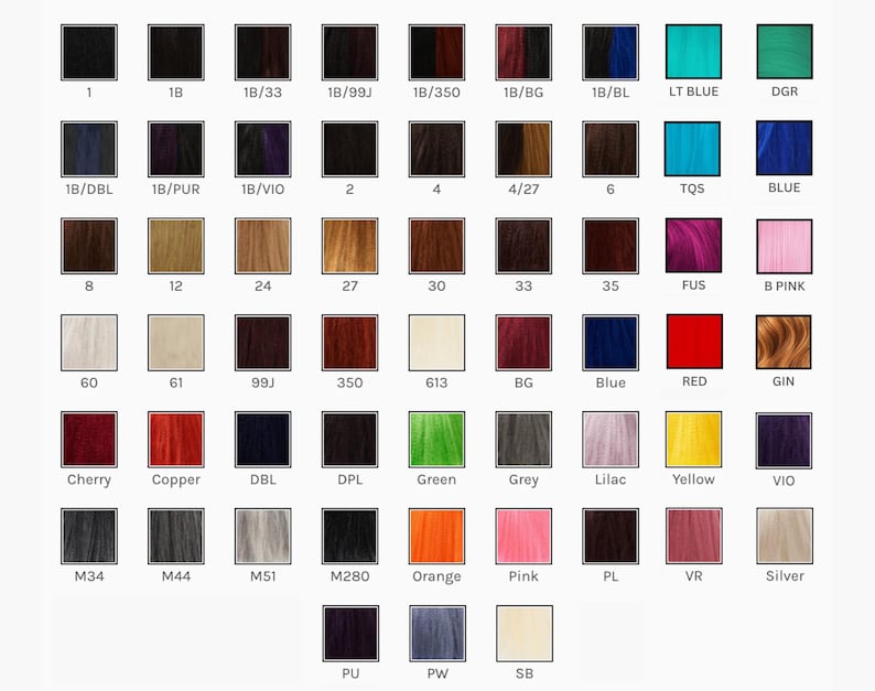A detailed color selection chart displaying various synthetic hair colors for dreadlocks, including natural shades, ombre blends, and vibrant tones. Perfect for customization, mix-and-match options available. Handmade synthetic dreadlocks crafted for a natural appearance.