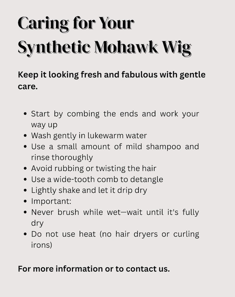 Care instructions for maintaining a synthetic mohawk wig including washing and drying tips