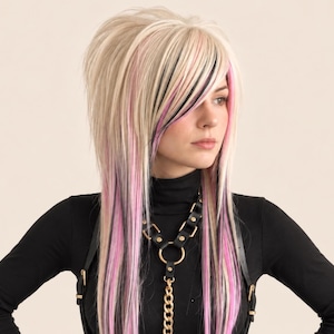 Platinum Blonde Emo Scene Wig with Pink & Black Highlights – Long Layered Shag, Side Bangs, Pastel Goth Y2K Cosplay Wig