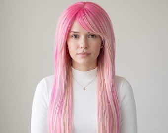 Cosplay Pink Wig – Scene Emo Layered Cut with Side Bangs, Pastel Y2K Fantasy Hair