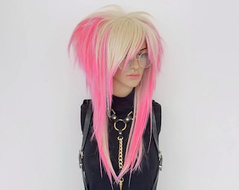 Emo Scene Wig in Blonde with Pink – Layered Cut Wig with Side Bangs for Scenecore, Y2K, Pastel Goth, and Kawaii Hair