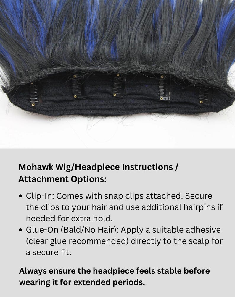 Interior view of mohawk wig with snap clips for clip-in attachment to natural hair