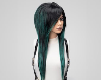 Emo Wig Scene Hair, Mint Green Wig Dark, Bang Wig Side Part, Black Wig, Shaggy Wig Layered, Alternative Wig Goth, Punk Wig Rocker.