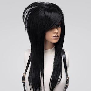 Emo Wig Scene, Cosplay Wig Commission, Jet Black Wig Straight, Bang Wig Side Part, Alternative Wig Goth, Shaggy Wig Layered.