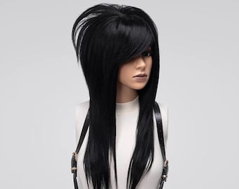 Emo Wig Scene, Cosplay Wig Commission, Jet Black Wig Straight, Bang Wig Side Part, Alternative Wig Goth, Shaggy Wig Layered.