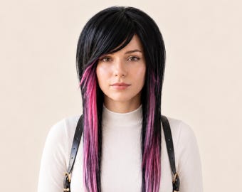 Emo Wig Scene Hair, Pastel Pink Wig Black, Bang Wig Side Part, 360 Wig Beehive, Shag Wig Layered, Alternative Wig Goth.