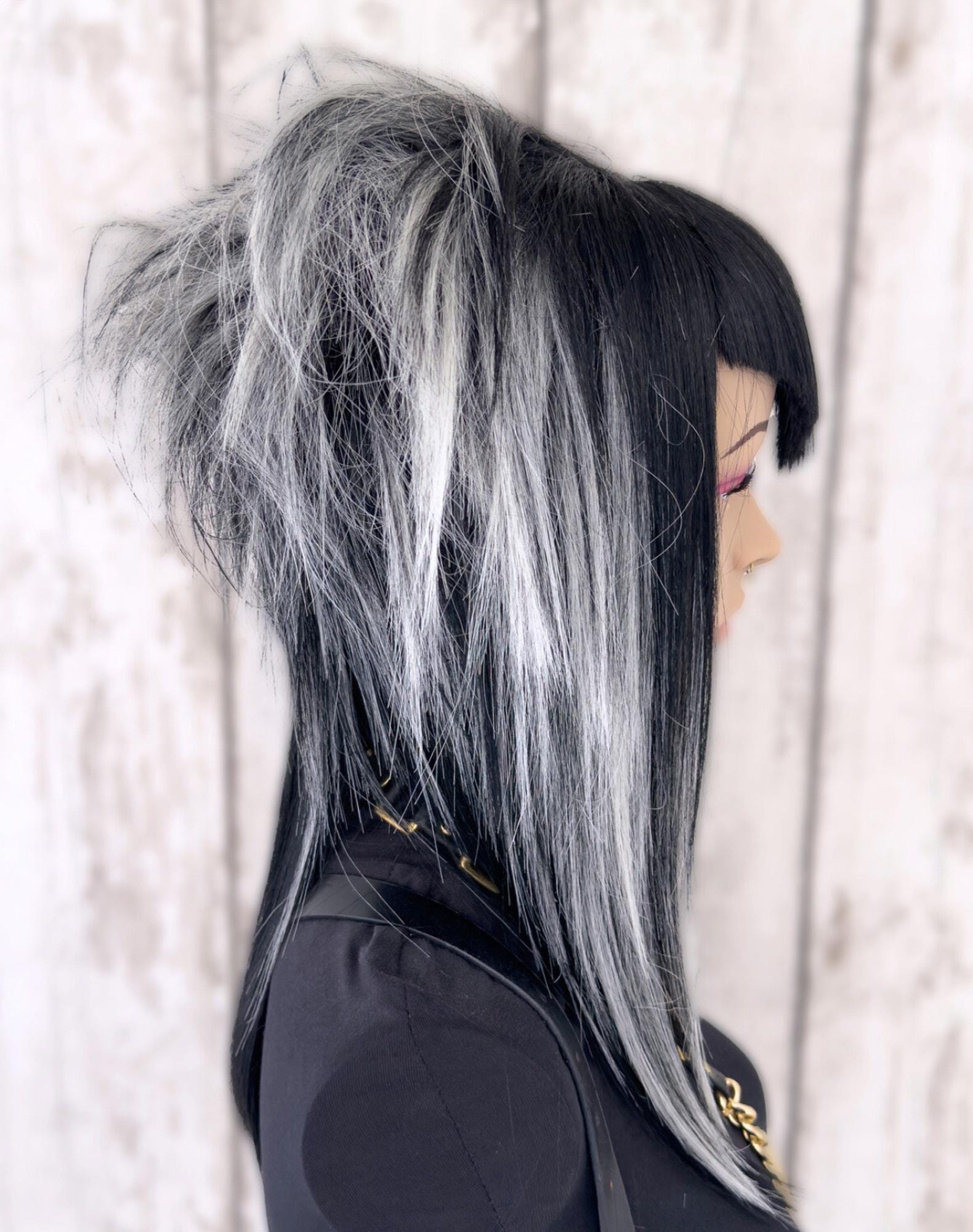 Scene Emo Wig Black Gray, Medium Length Layered Wig With V  display picture 2