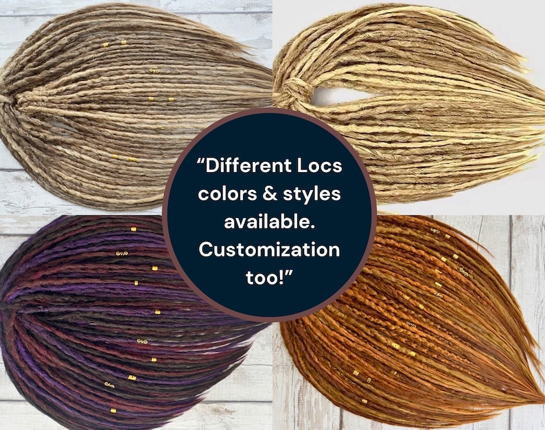 May include: Four sets of synthetic dreadlocks in different colors, including brown, blonde, purple, and orange. The dreadlocks are arranged in a circle with a text overlay that reads "Different Locs colors & styles available. Customization too!"