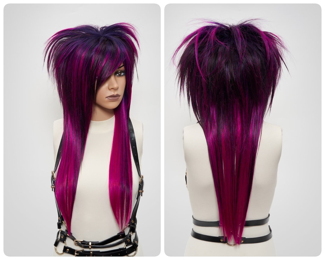 Wigs Purple Emo Wig Spiky Mullet Wigs Bangs Full Density Wig Edgy