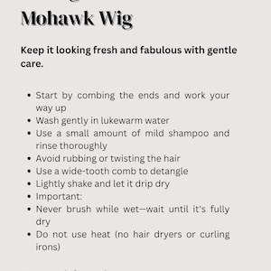 Care instructions for maintaining a synthetic mohawk wig including washing and drying tips