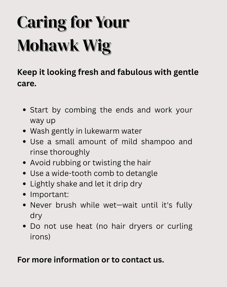 Care instructions for maintaining a synthetic mohawk wig including washing and drying tips