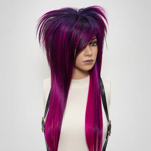 Scene Hair Wig in Pink and Purple – Long Layered Wig with Side Bangs, Cosplay Hair for Alternative Kawaii Fashion.