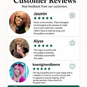 Customer reviews infographic showing real feedback from customers with star ratings and customer photos wearing alternative wigs.