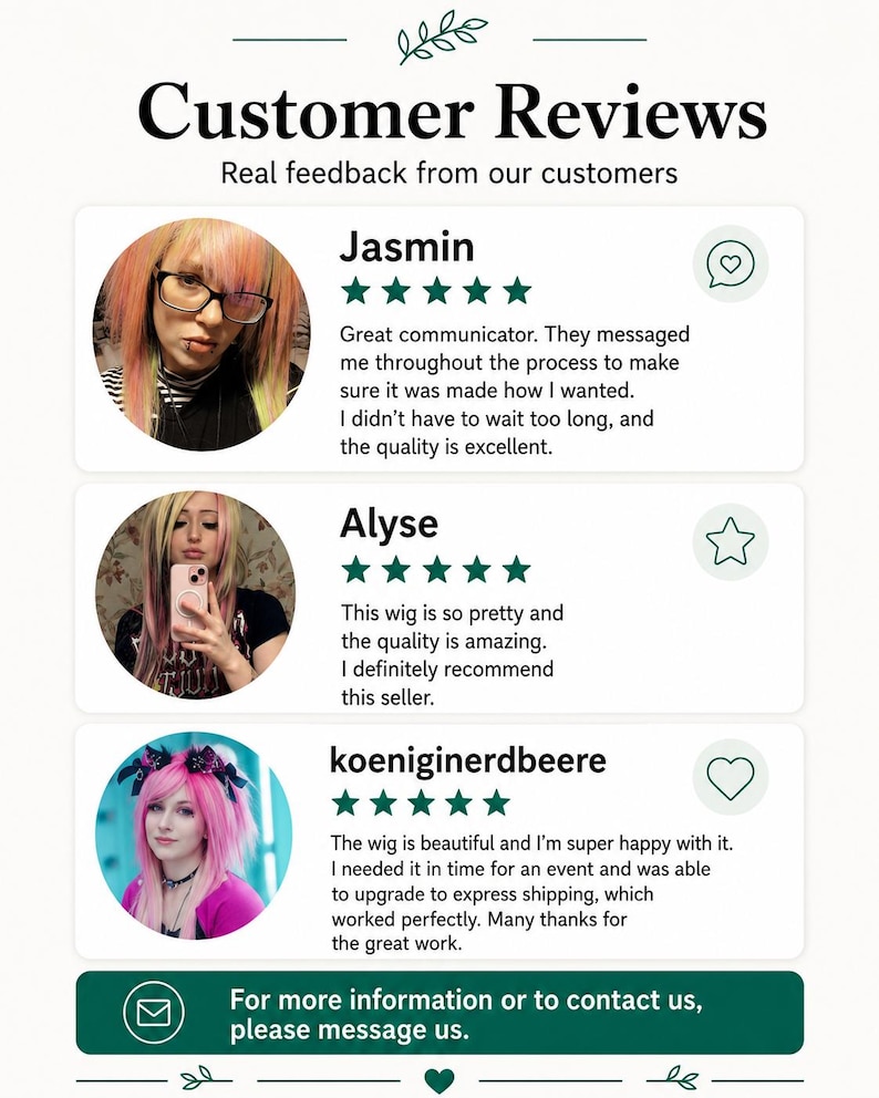 Customer reviews infographic showing real feedback from customers with star ratings and customer photos wearing alternative wigs.