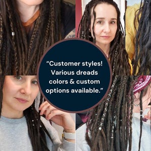 Showcase of customer photos wearing handmade synthetic dreadlocks. Various styles and colors available, featuring long, natural-looking dreads with braids, twists, and wraps. Custom options ensure a perfect match for individual styles. Lightweight, soft, and easy to maintain.