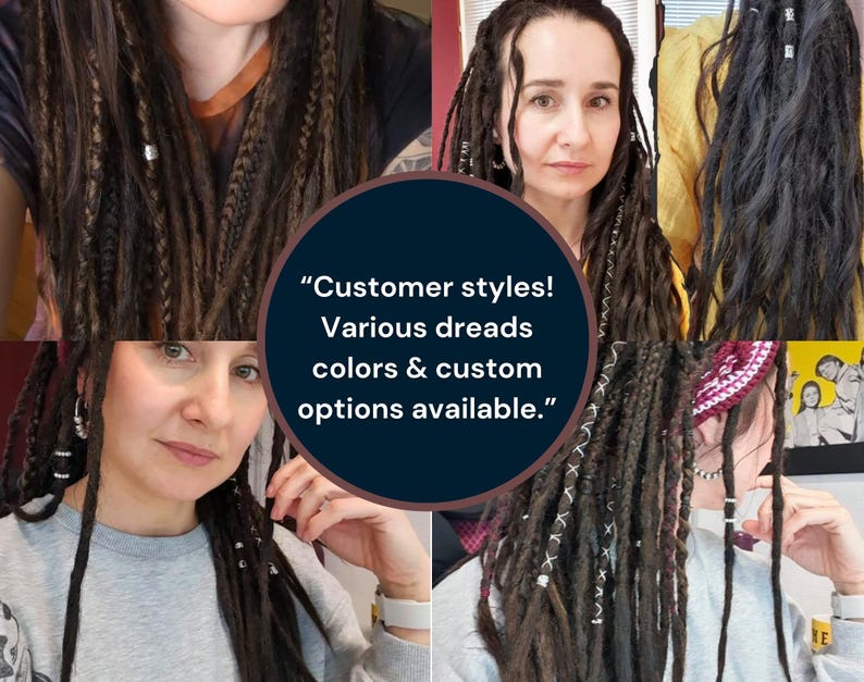 Showcase of customer photos wearing handmade synthetic dreadlocks. Various styles and colors available, featuring long, natural-looking dreads with braids, twists, and wraps. Custom options ensure a perfect match for individual styles. Lightweight, soft, and easy to maintain.