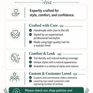 Wig features infographic showing handmade quality, comfortable fit, full density, custom options and customer-loved designs.