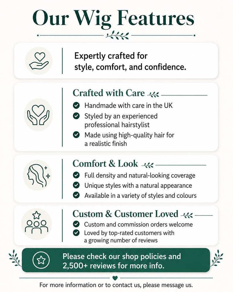 Wig features infographic showing handmade quality, comfortable fit, full density, custom options and customer-loved designs.