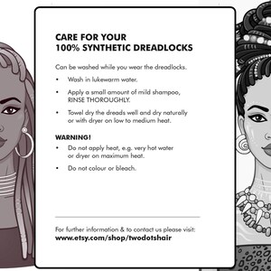 Care instructions for synthetic dreadlocks, including washing with lukewarm water and mild shampoo. Avoid applying high heat, bleaching, or coloring to maintain quality. Air drying or low heat drying recommended. High-quality synthetic materials ensure durability and long-lasting wear.