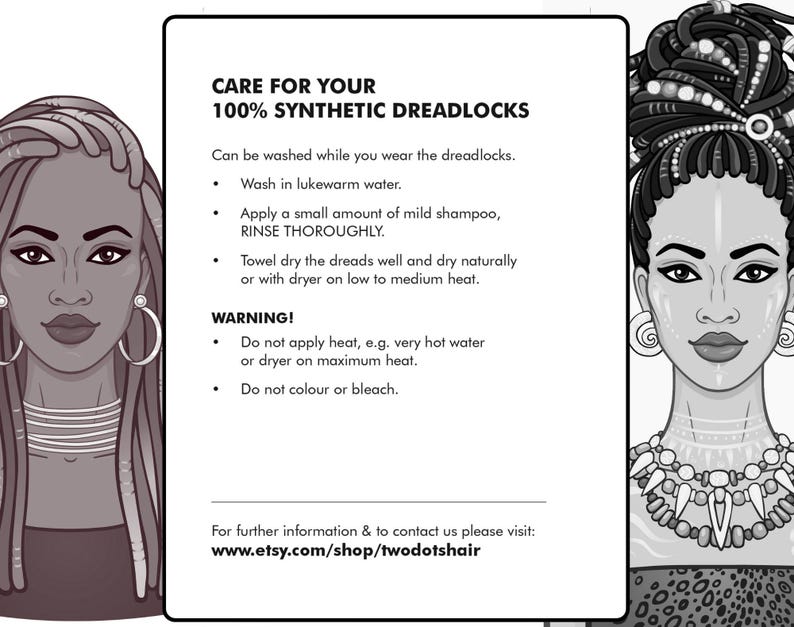 Care instructions for synthetic dreadlocks, including washing with lukewarm water and mild shampoo. Avoid applying high heat, bleaching, or coloring to maintain quality. Air drying or low heat drying recommended. High-quality synthetic materials ensure durability and long-lasting wear.