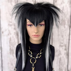 Scene Emo Wig Black Gray, Medium Length Layered Wig with V-Bangs, Cosplay Wig Anime Drag Goth, Handmade Wig Cut Styled.