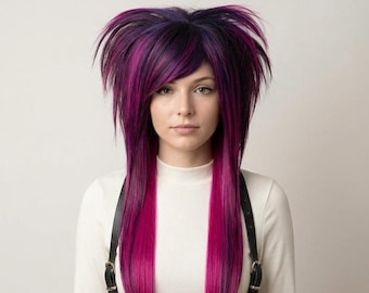 Pink Wig Purple, Bang Wig Side Part, Shag Wig Layered, Alternative Wig Goth, Visual Kei Wig Cosplay, Emo Wig Scene Kid, Men Emo Wig Women.