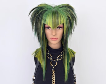 Green Spiky Wig with V-Bangs – Custom Y2K Scene Wig for Drag, Halloween, Anime, and Cosplay Fashion