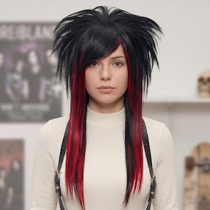 Black and Red Emo Scene Wig – Long Layered Cut with Side Bangs, Alternative Goth Hairstyle