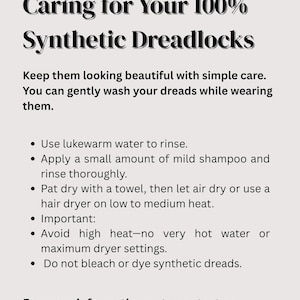 Care instructions for synthetic dreadlocks, including washing with lukewarm water and mild shampoo. Avoid applying high heat, bleaching, or coloring to maintain quality. Air drying or low heat drying recommended. High-quality synthetic materials ensure durability and long-lasting wear.