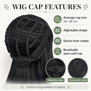 Wig cap features infographic showing average 54–56 cm cap size, adjustable straps, secure inner combs and breathable open-weft cap.
