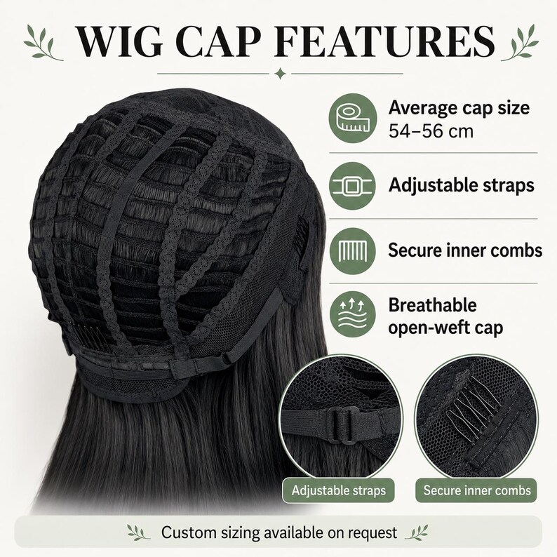 Wig cap features infographic showing average 54–56 cm cap size, adjustable straps, secure inner combs and breathable open-weft cap.