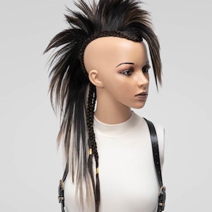 Brown mix mohawk wig with upward spikes and braided side details, shown from a front angle
