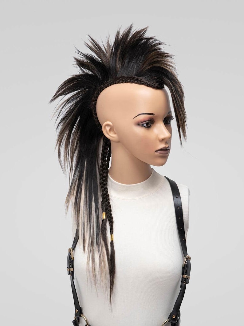 Brown mix mohawk wig with upward spikes and braided side details, shown from a front angle