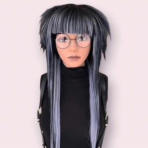 Emo Scene Wig with Straight Bangs – Black Blue Long Layered Mullet Wig, Y2K Scenecore Kawaii Cosplay Hair