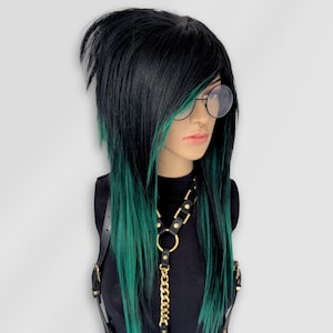 Emo Scene Wig – Black with Green Highlights, Long Layered Wig with Side Bangs for Scenecore, Y2K, and Gothic Style