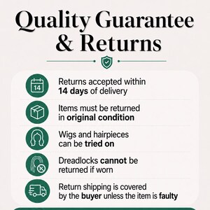 Quality guarantee and returns infographic explaining returns, original condition, try-on policy and return shipping information.