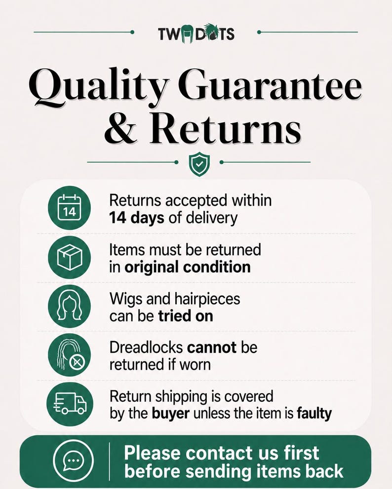 Quality guarantee and returns infographic explaining returns, original condition, try-on policy and return shipping information.