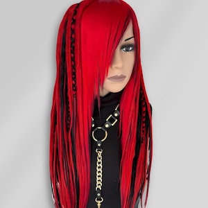 Red Black Faux Dreadlocks Wig with Bangs – Synthetic Locs Wig for Gothic, Alternative, Festival and Burning Man Hair