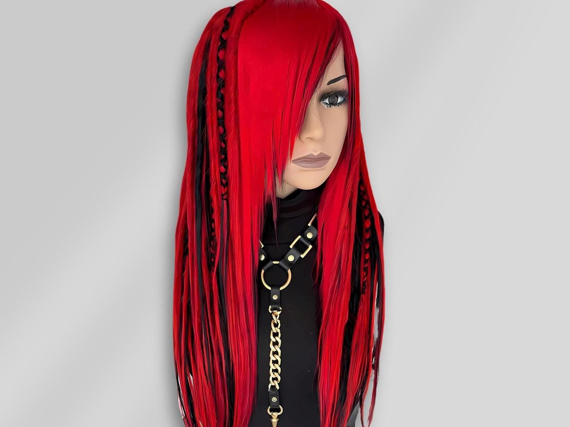 Rot Schwarze Faux Dreadlocks Perücke mit Ponys – Kunstfaser Perücke für Gothic, Alternative, Festival und Burning Man Haare