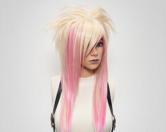 Blondroze pruik met scènehaar – gelaagde pruik met pony, kawaii-emohaar voor anime-, drag- en cosplaylooks