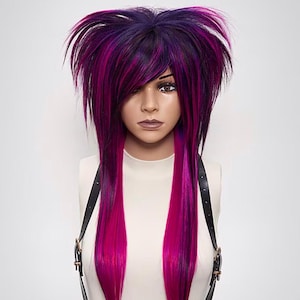 Pink Wig Purple, Bang Wig Side Part, Shag Wig Layered, Alternative Wig Goth, Visual Kei Wig Cosplay, Emo Wig Scene Kid, Men Emo Wig Women.
