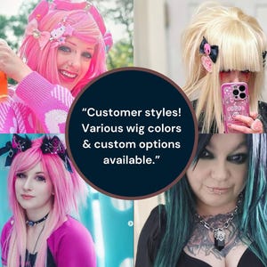 Customer showcase featuring different custom handmade wigs. Various colors and styles, including platinum blonde, pink, and gothic black. High-quality synthetic wigs for cosplay, alternative fashion, and daily wear. Customization available.